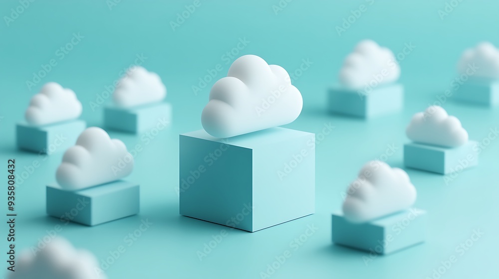 Poster minimalistic 3d clouds on blue boxes. modern and creative design concept. abstract background with c