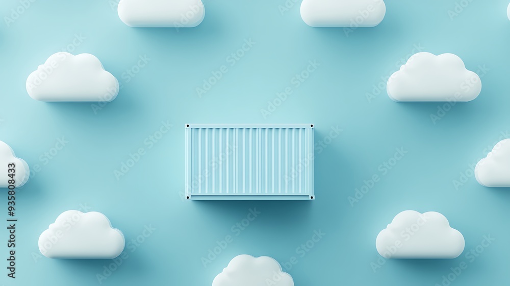 Poster minimalistic 3d illustration of a shipping container floating among clouds in a blue sky background,