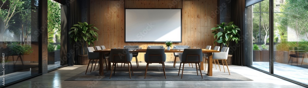 Poster modern team meeting with 3d projection in sleek minimalist setting