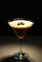 A classic espresso martini garnished with coffee beans, served in a cocktail glass, highlighted against a dark background, creating a moody and sophisticated atmosphere.
