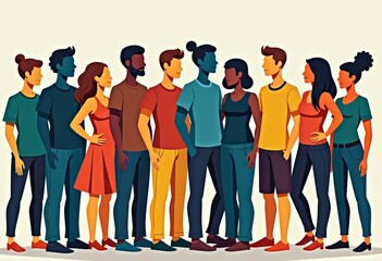 Obraz premium An illustration of a diverse group of people standing together, representing community, inclusion, and unity, with a simple and vibrant color palette. 