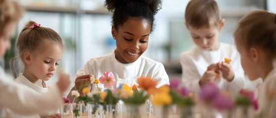 Teacher engaging kindergarten students in a vibrant science lesson about flower structure, fostering curiosity and inclusivity in a lively classroom setting