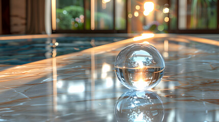 A realistic image of a glassy 3D object casting intricate reflections on a marble floor