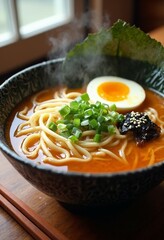 A bowl of hot ramen with soft-boiled eggs, green onions, and nori, steaming and ready to be enjoyed in a cozy, inviting atmosphere.
