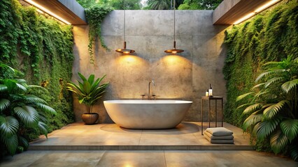 Minimalist concrete freestanding tub surrounded serene greenery calm ambiance natural stone walls warm beige flooring soft golden lighting relaxation concept