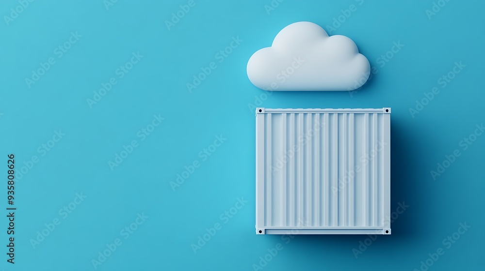 Poster minimalistic 3d render of cloud and container on a blue background, symbolizing cloud computing and 
