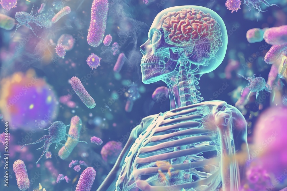Poster This artistic image presents a human skeleton with a brain, surrounded by various viruses and bacteria, symbolizing the interaction of the human body with diseases.