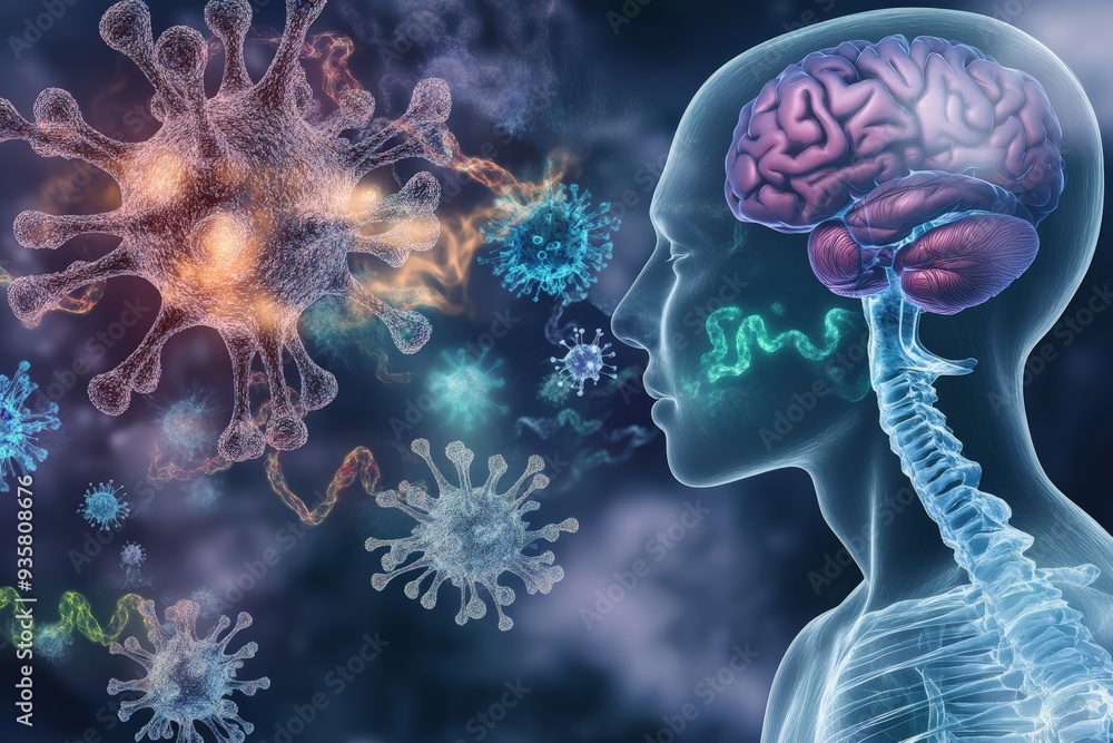 Poster conceptual illustration showing the human brain and nervous system with surrounding floating viruses