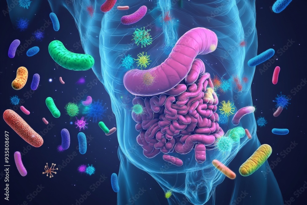 Aufkleber detailed image of human intestines filled with a variety of colorful bacteria and viruses, showcasin