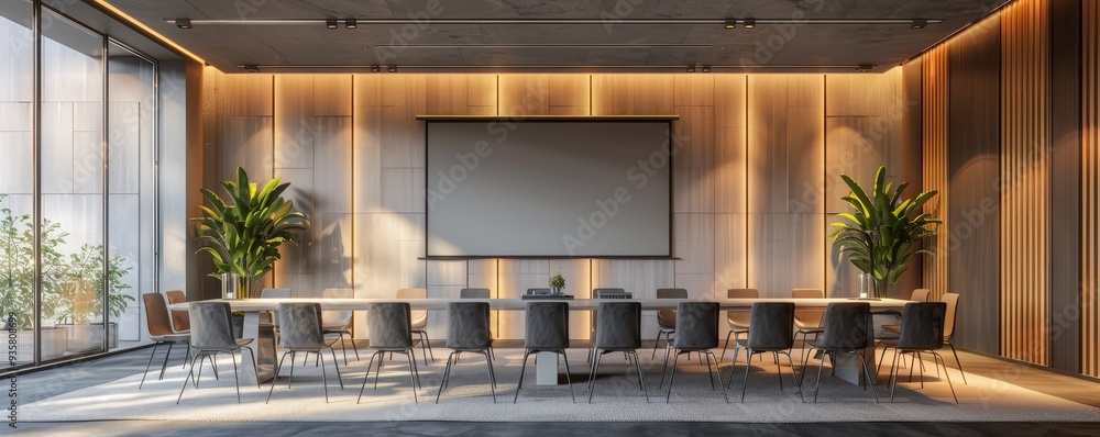 Poster modern professional meeting room with projector in use and minimalist decor, 3d model rendering