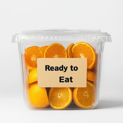 Slices of orange in a plastic container with a label with the inscription