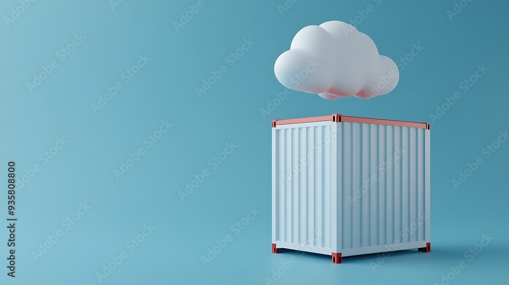 Poster minimalistic 3d render of a shipping container below a cloud, symbolizing cloud storage and data tra
