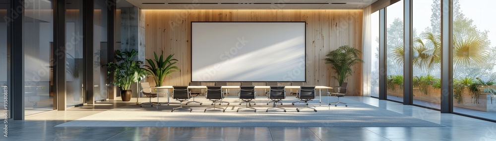 Poster modern team meeting in a sleek office setting with projector display - 3d render