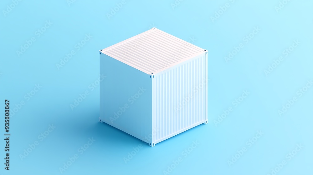 Poster minimalistic 3d rendering of white corrugated cardboard box on light blue background, showcasing cle