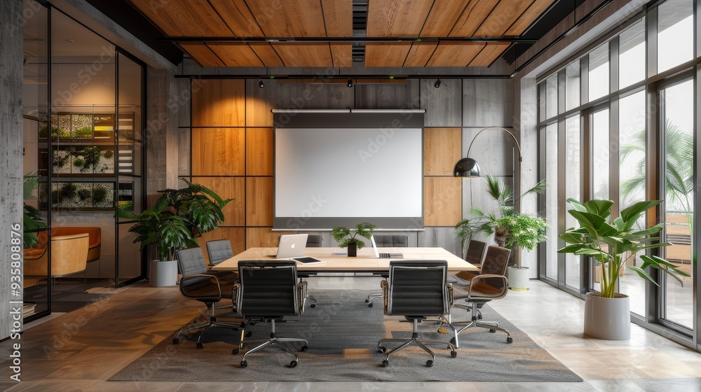 Poster dynamic modern office presentation scene with team and projector in use - 3d render