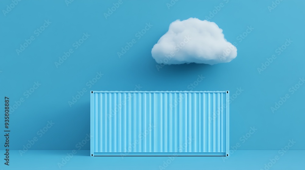Poster minimalistic blue background with a container and a cloud floating above. modern abstract concept wi