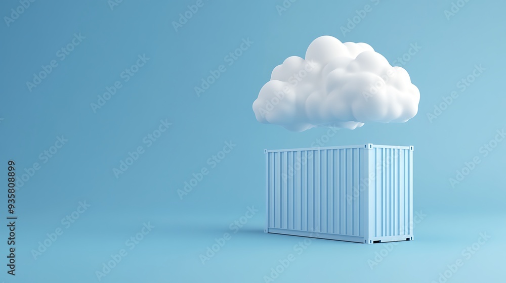 Poster minimalistic blue background with a white cloud hovering over a shipping container, representing clo