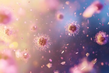 Artistic depiction of soft pink virus particles against a dreamy, gradient background, highlighting the delicate and intricate structures of microscopic organisms.