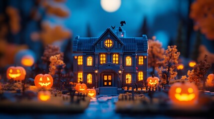 27. Art Deco post office, Halloween night, miniature spooky scene, 3D illustration