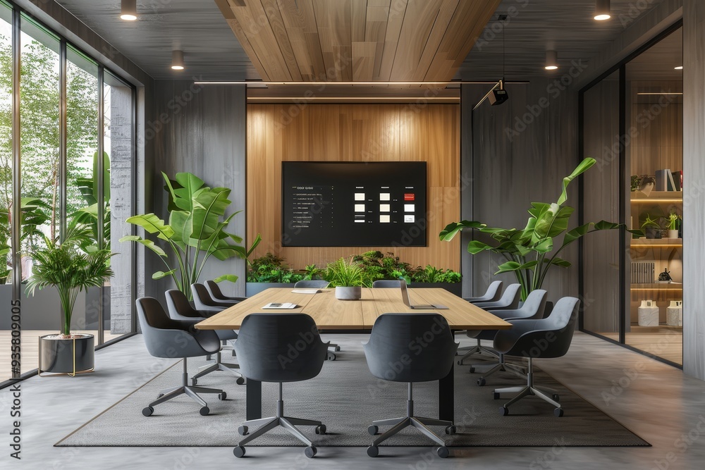 Aufkleber sleek minimalist boardroom with projector displaying slides - elegant contemporary design - 3d rende