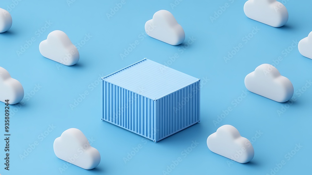 Poster minimalistic blue shipping container surrounded by white cloud icons on a blue background, symbolizi