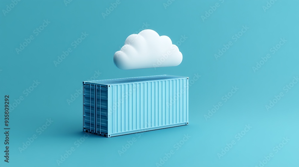 Poster minimalistic blue shipping container with a floating cloud above, symbolizing cloud storage and mode