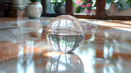 A realistic image of a glassy 3D object casting intricate reflections on a marble floor