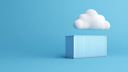 Minimalistic blue scene with shipping container and white cloud on the background. Concept of cloud storage, logistics, or shipping.