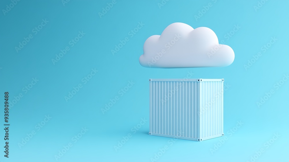 Poster minimalistic cloud and shipping container concept on blue background symbolizing cloud storage and d