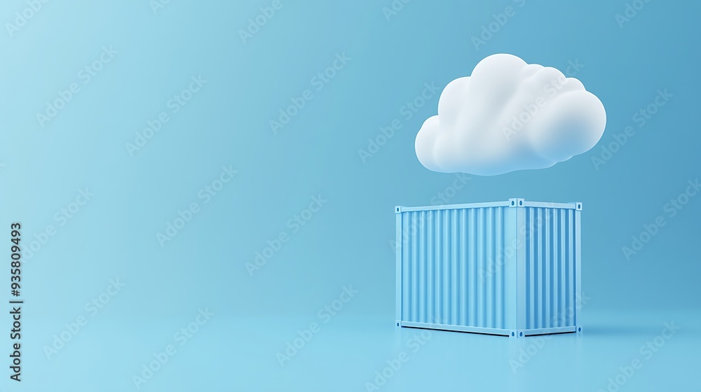 Poster minimalistic blue shipping container with a white cloud on a blue background, symbolizing cloud comp