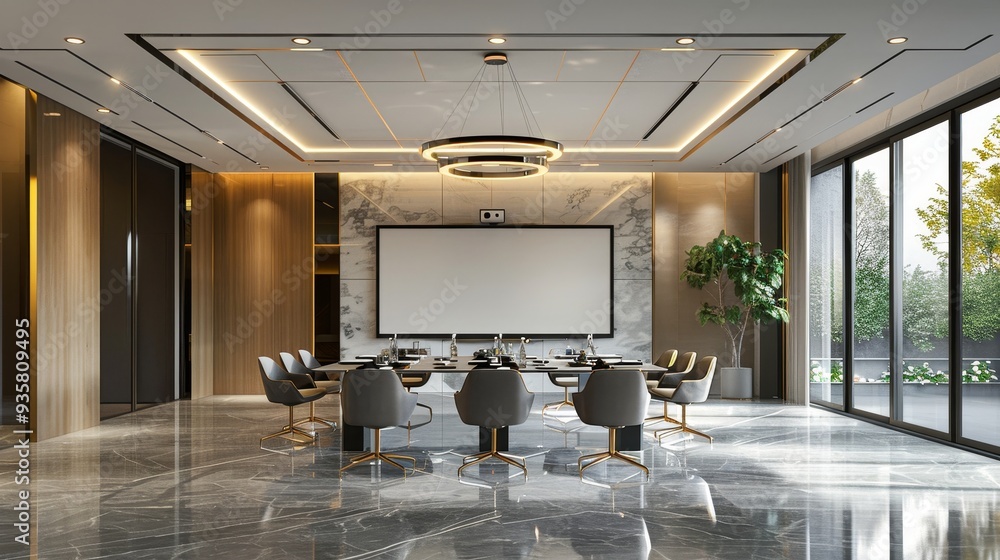 Poster modern 3d model of professional meeting space with projector screen and minimalistic design