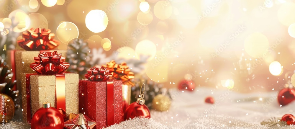Poster group of golden and red christmas decorative gifts on a bokeh background. copy space image. place fo