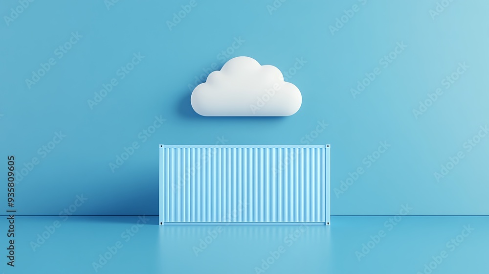 Poster minimalistic cloud computing concept with a white cloud shape above a blue container on a blue backg