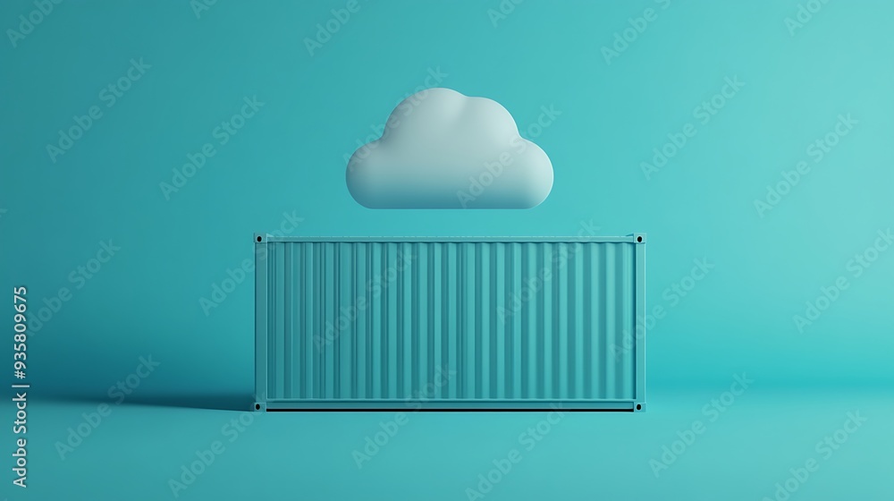 Poster minimalistic cloud icon above a container on a blue background. concept for cloud storage and data m