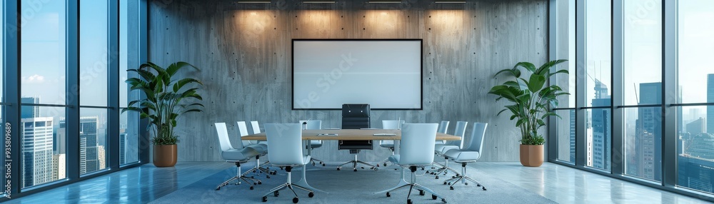 Aufkleber modern business presentation in minimalist meeting room with projector and 3d model display
