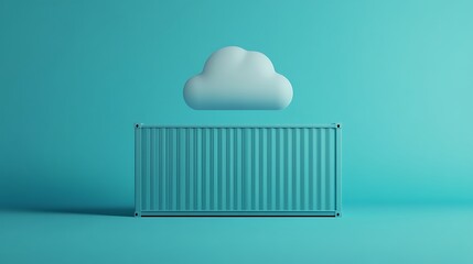 Minimalistic cloud icon above a container on a blue background. Concept for cloud storage and data management.
