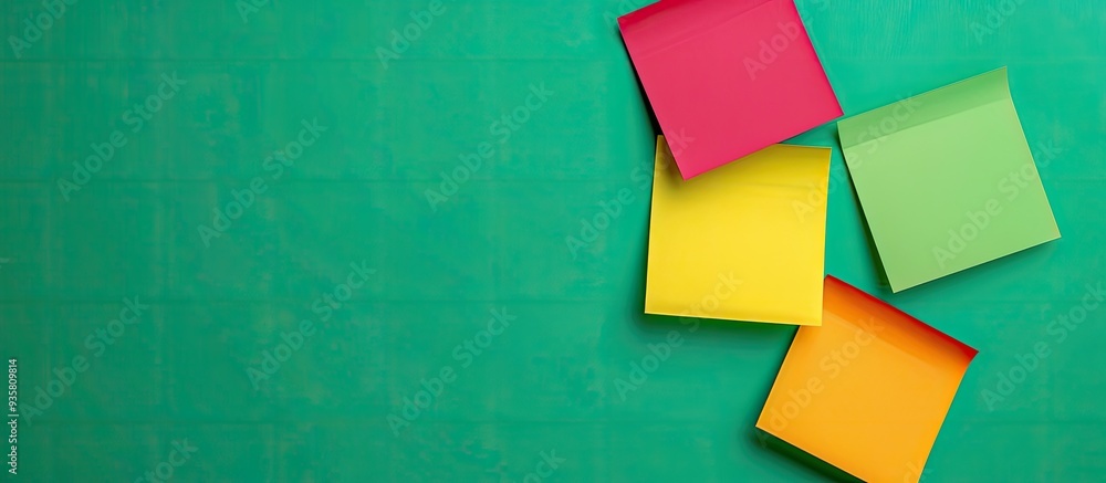 Poster four colorful sticky notes on a green background space for text stationery template copy space stick