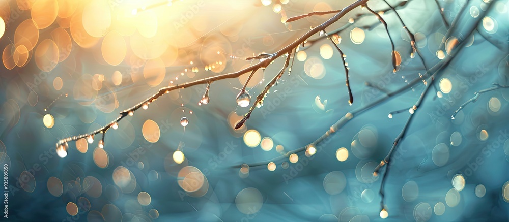 Poster abstract and blurred backdrop featuring branches and raindrops. copy space image. place for adding t