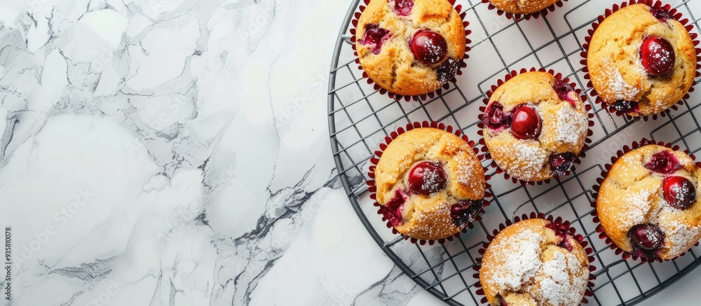 Sticker Homemade cherry muffins on a cooling rack against a white marble background with copy space Viewed from above