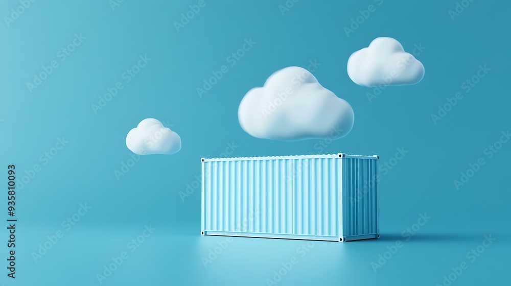 Poster minimalistic image of a blue shipping container against a matching blue background with fluffy white