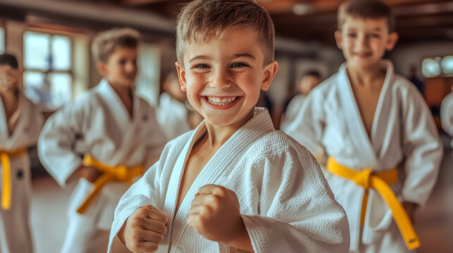 Joyful Kids Practicing Karate in Martial Arts Class - Powered by Adobe