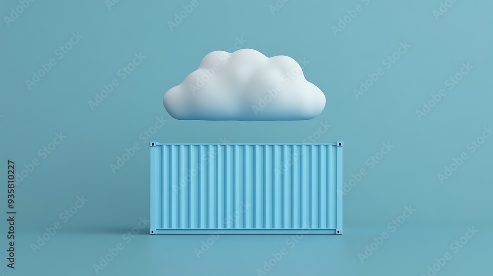 Poster minimalistic image of a cloud and a container on a blue background. conceptual representation of clo