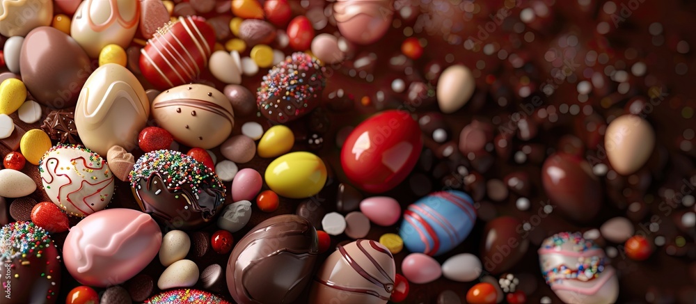 Poster festive easter backdrop featuring chocolate eggs and candies. copy space image. place for adding tex