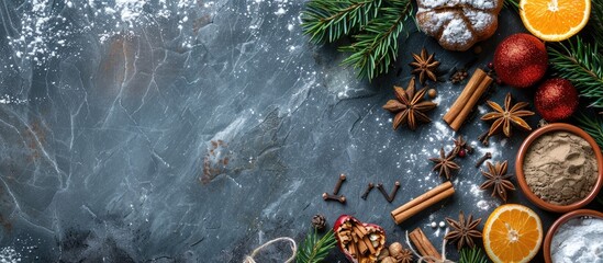 Culinary elements featuring Christmas winter spices and baking ingredients on a dark slate stone or concrete table Top view with copy space