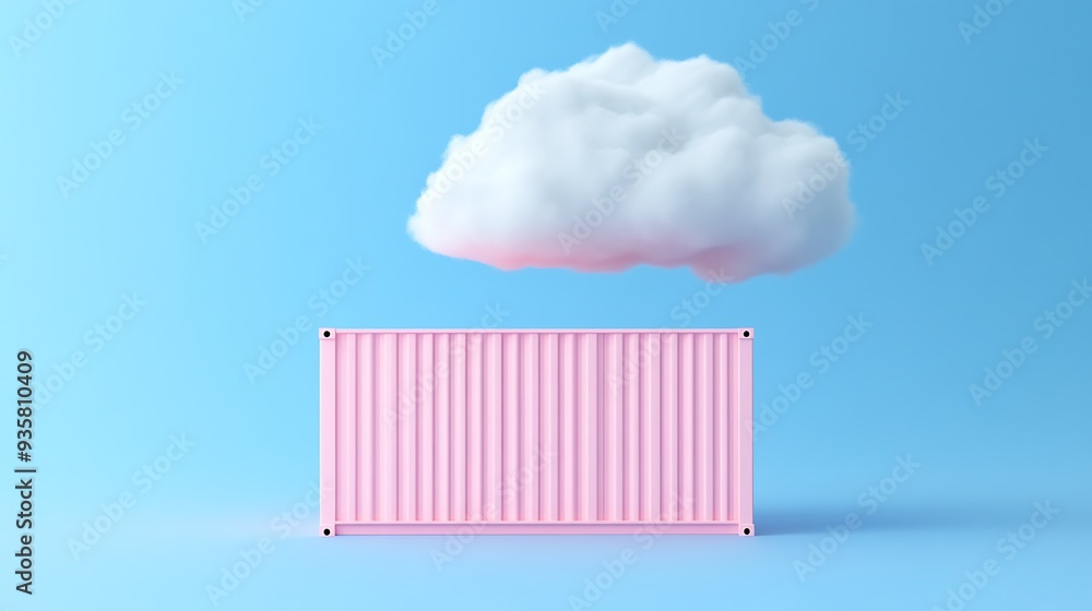Poster minimalistic image of a pink shipping container under a cloud on a blue background representing tran