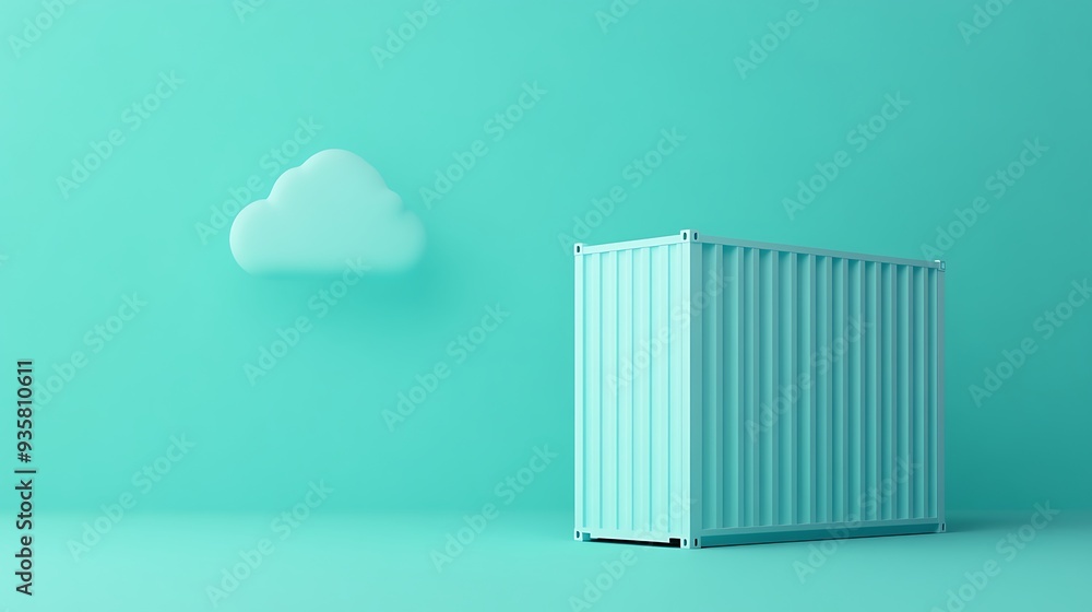 Poster minimalistic image of a shipping container and a cloud against a turquoise background, symbolizing c