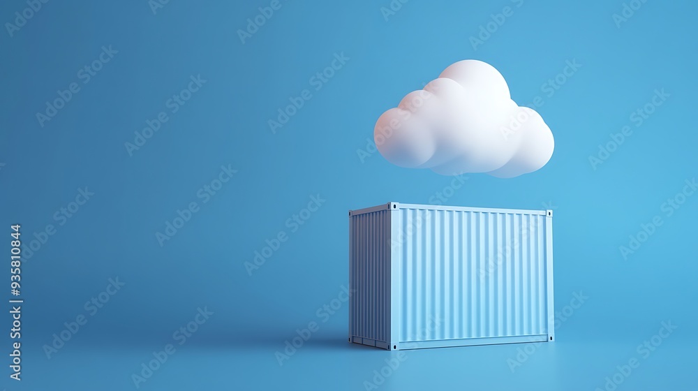 Poster Minimalistic image of a white cloud hovering above a container on a blue background, symbolizing cloud computing and storage.
