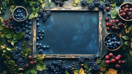 Empty blackboard with wooden frame lying on a blue surface surrounded by blueberries, blackberries, grapes and green leaves. Copy space