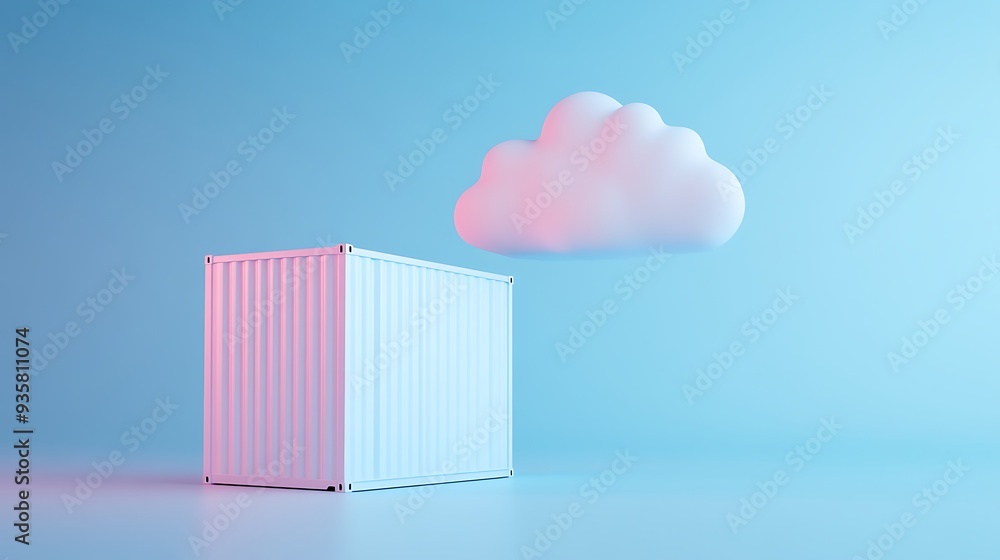 Poster minimalistic scene featuring a white shipping container with a pink cloud floating above it on a blu