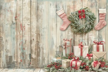 A wooden background with a wreath and a pair of red stockings